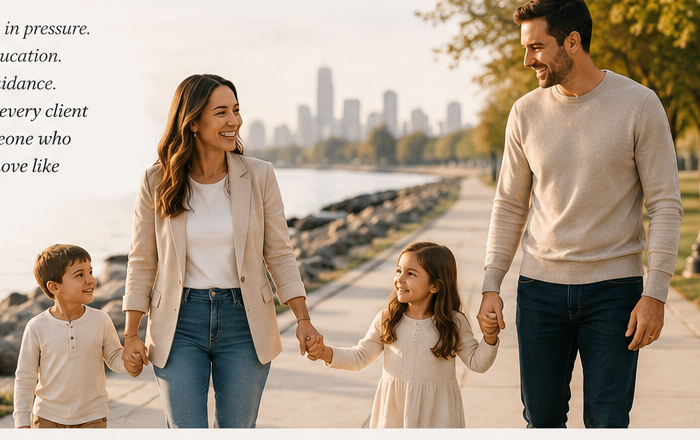 Sarah walking with her family along the waterfront